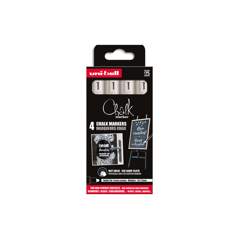 UNI-BALL Set de 4 marqueurs craie CHALK MARKER. Pointe moyenne. Coloris blanc