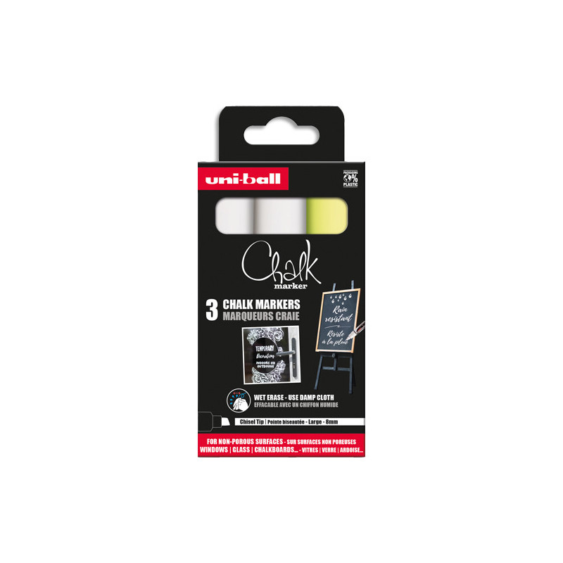 UNI-BALL Set de 3 marqueurs craie CHALK MARKER, pointe biseautée large. Coloris : 2 blanc, 1 jaune fluo