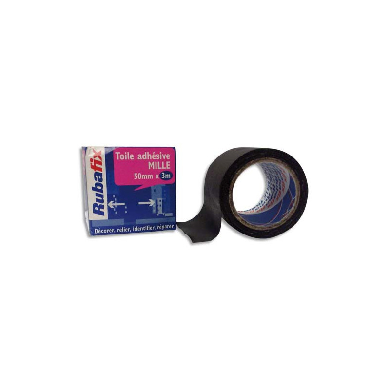 RUBAFIX Toile adhésive MILLE, plastifiée et imperméable, rouleau de 50mmx 3m Noir