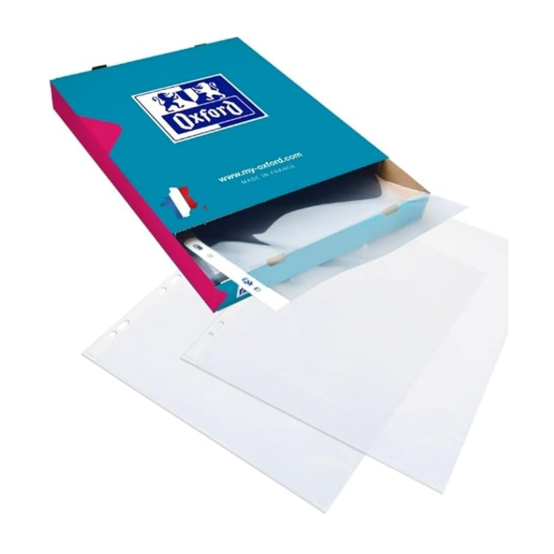 Oxford Boîte de 100 pochettes perforées en polypropylène 9/100e lisse, perforation 11 trous