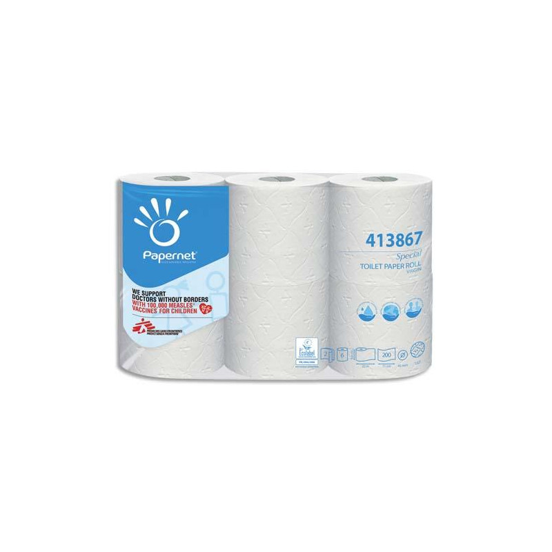 PAPERNET Paquet de 6 rouleaux de Papier toilette Blanc pure cellulose, 2 plis, 200 formats L22m