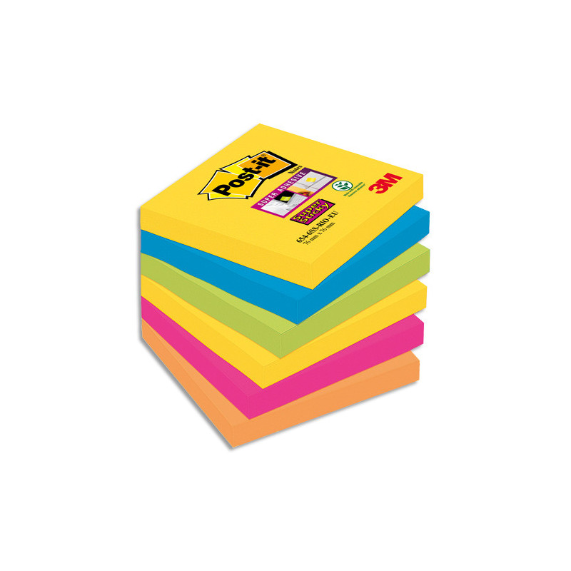 POST-IT Lot de 6 blocs Notes Super Sticky POST-IT® couleurs CARNIVAL 90 feuilles 76 x 76 mm