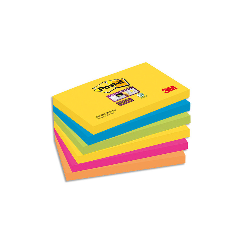 POST-IT Lots de 6 blocs Notes Super Sticky POST-IT® couleurs CARNIVAL 90 feuilles 76 x 127 mm