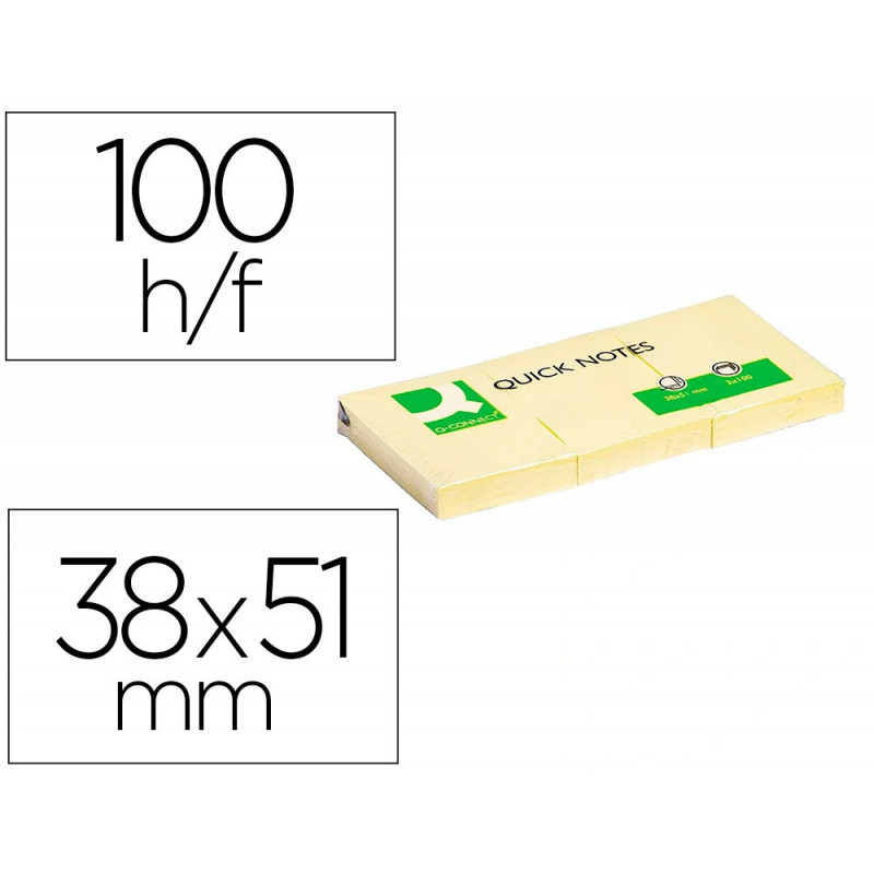 Bloc-notes q-connect quick notes 38x51mm 3 blocs 100f repositionnables coloris jaune