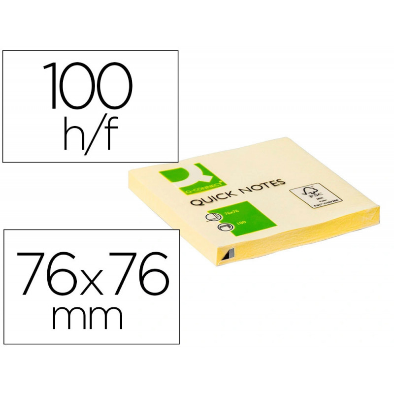 Bloc-notes q-connect quick notes 76x76mm 1 bloc 100f repositionnables coloris jaune