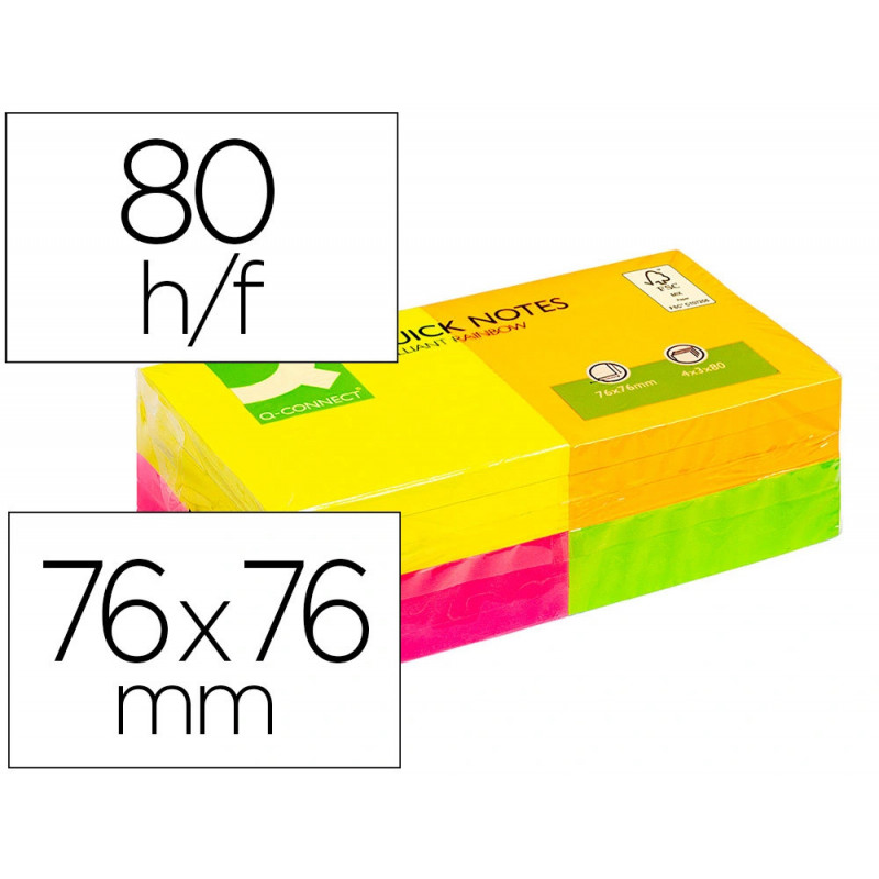 Bloc-notes q-connect quick notes couleurs néon rainbow 76x76mm 80f repositionnables rose/orange/vert/jaune 12 blocs