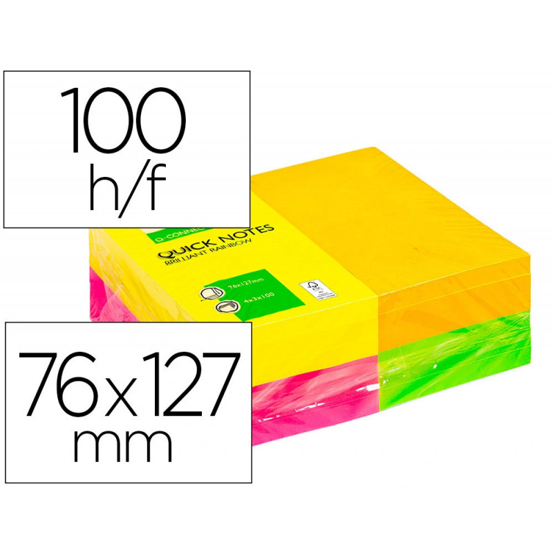 Bloc-notes q-connect quick notes couleurs néon rainbow 76x127mm 100f repositionnables roseorange/vert/jaune 12 blocs