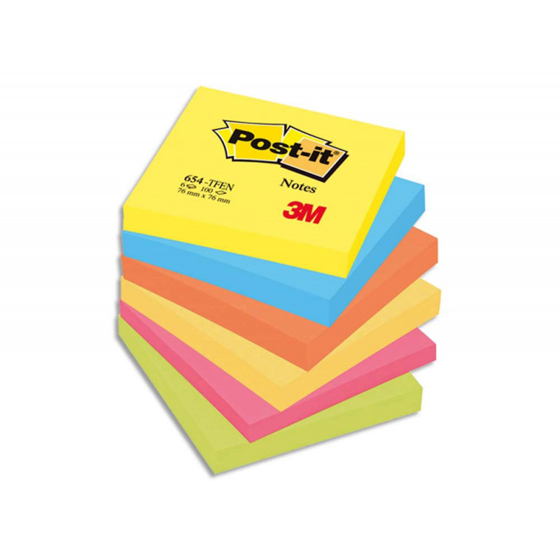POST-IT Lot de 6 blocs repositionnables de 100 feuilles. Format 7,6 x 7,6 cm. Couleurs ''énergiques''