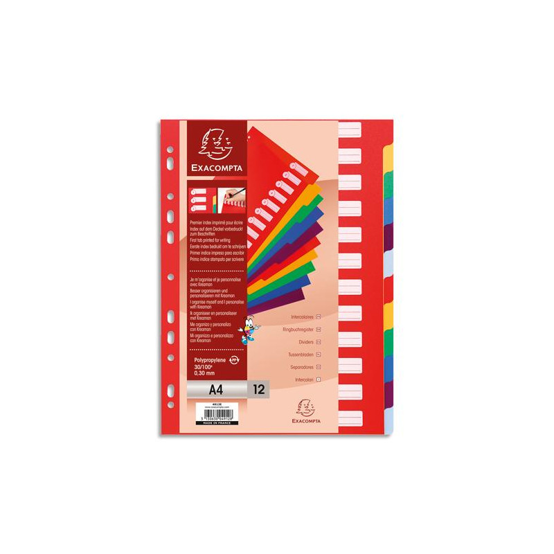 EXACOMPTA Intercalaire en polypropylène, format A4, 12 positions assortis pastel