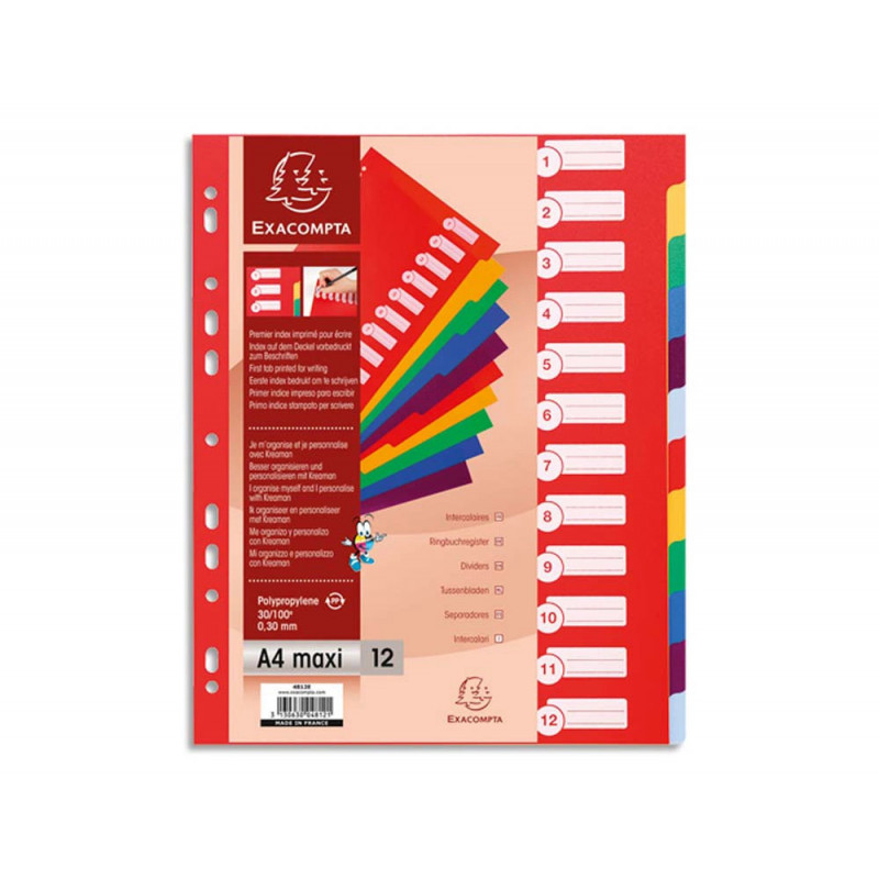 EXACOMPTA Jeu de 12 intercalaires polypro 3.5/10è format maxi A4+