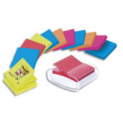 POST-IT Dévidoir Z-notes Pro Blanc rechargeable + 12 blocs Z-notes Super Sticky assortis 76 x 76 mm