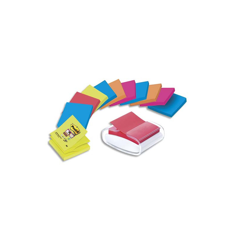 POST-IT Dévidoir Z-notes Pro Blanc rechargeable + 12 blocs Z-notes Super Sticky assortis 76 x 76 mm