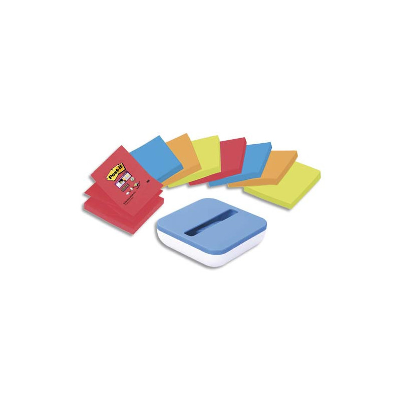 POST-IT Lot de 8 blocs Z-Notes Super Sticky coloris ass 76x76mm, 90 feuilles + Dévidoir BOX Bleu offert