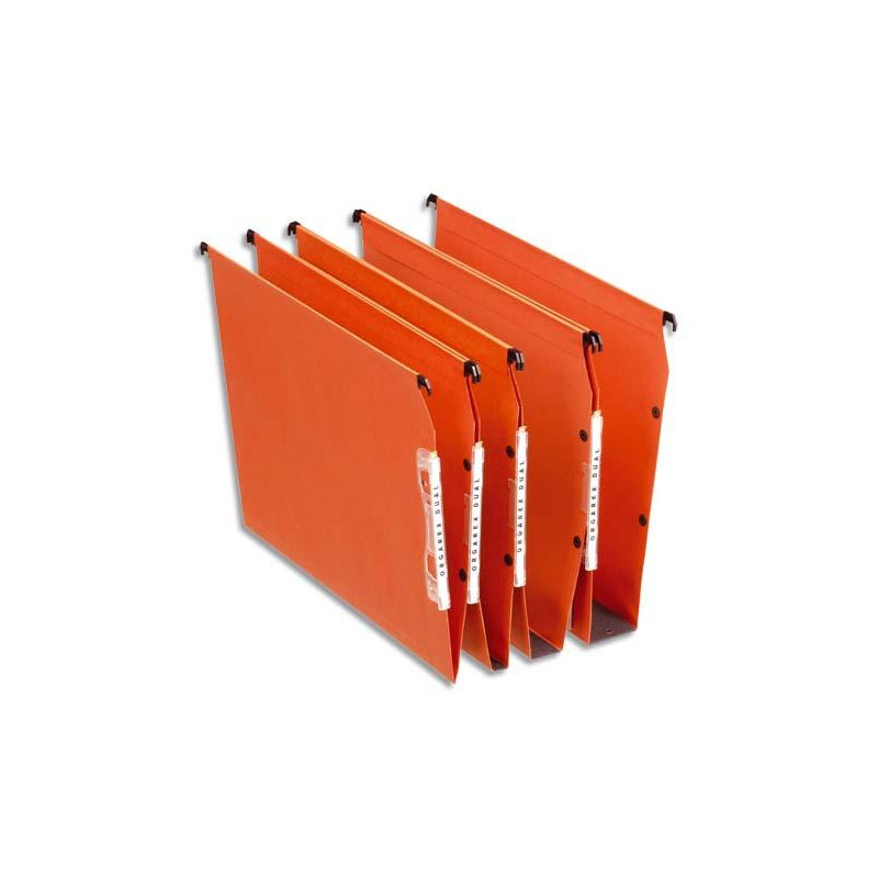 ESSELTE Boîte de 25 dossiers suspendus DUAL ARMOIRE en kraft 220g. Fond V, volet agrafage. Orange