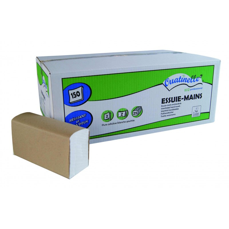 Essuie-mains pliés Z, 2 plis, blanc, 150 fmts 21x24cm, Ecolabel pure cellulose gaufré collé , par 25