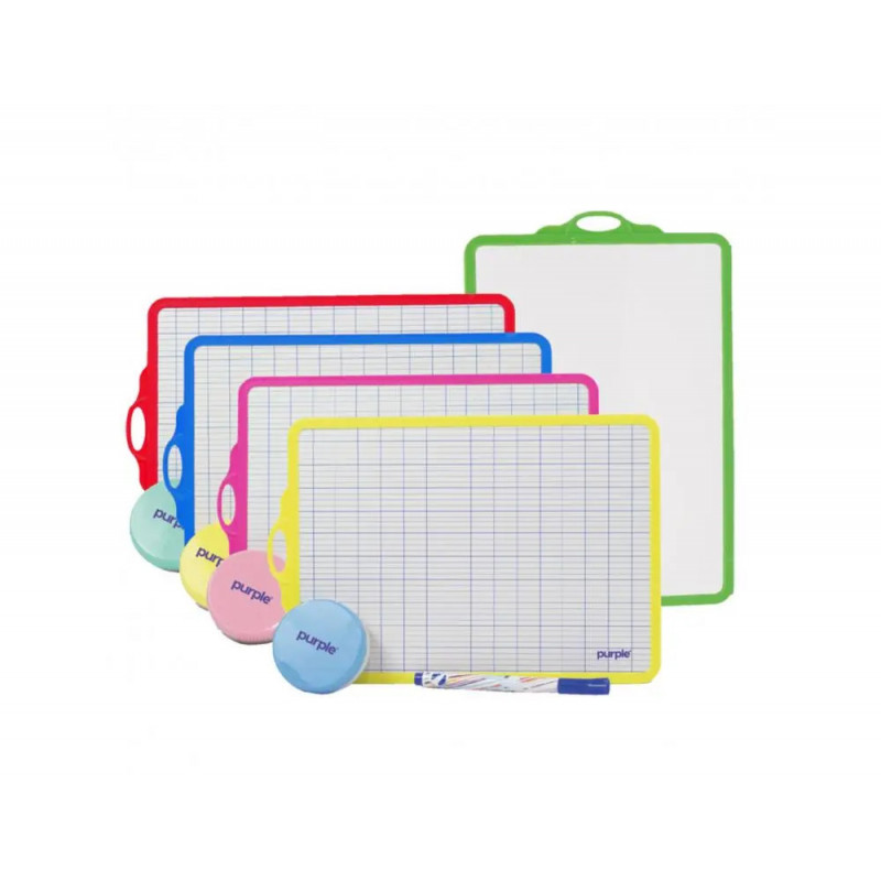 Kit ardoise blanche office plast 18,5x27,5cm quadrillee 1 face seyes 1 face unie cadre 5 coloris assortis