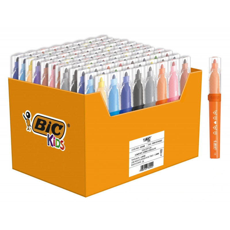 Feutre coloriage bic kids comfort grip pointe large encre ultra-lavable base eauácoloris assortis pack 96