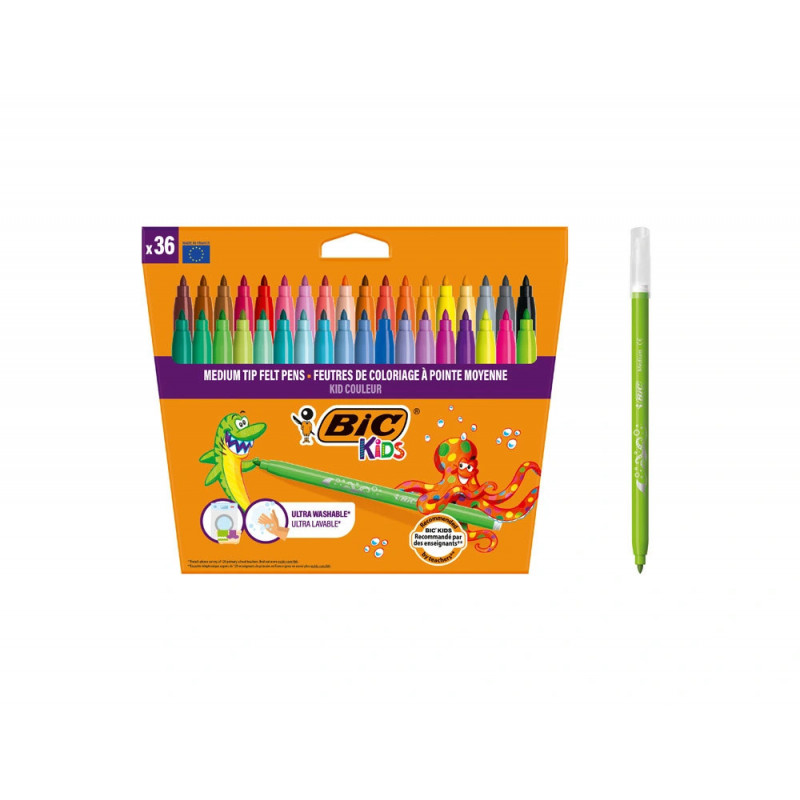 Feutre coloriage bic kids kid couleur pointe moyenne encre ultra-lavable coloris assortis etui 36 unites