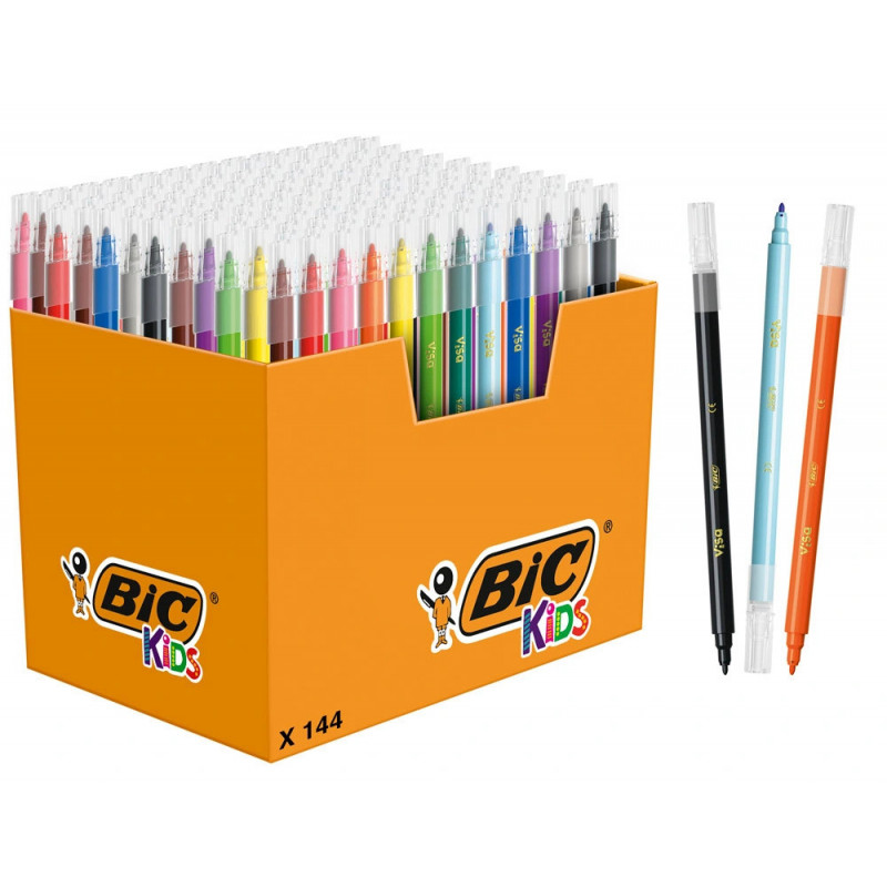 Feutre coloriage bic kids visa pointe fine encre lavable coloris assortis classpack 144 unites