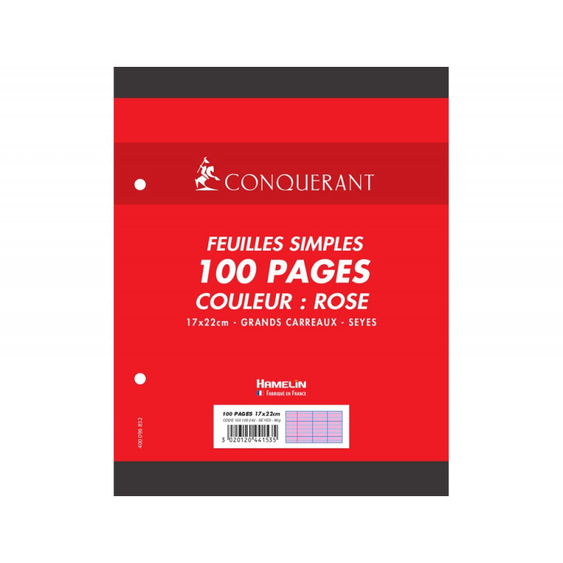 Feuille simple conquerant 7 perforees 170x220mm film 80g seyes coloris rose paquet 100 unites
