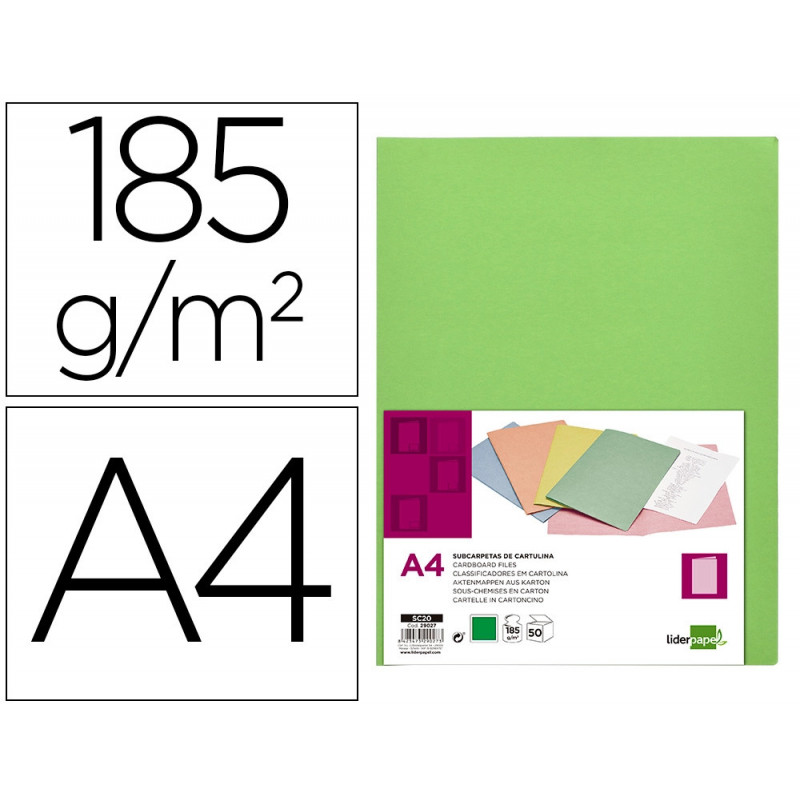Chemise liderpapel papier cartonne 180g 310x230mm document a4 210x297mm coloris pastel vert intense