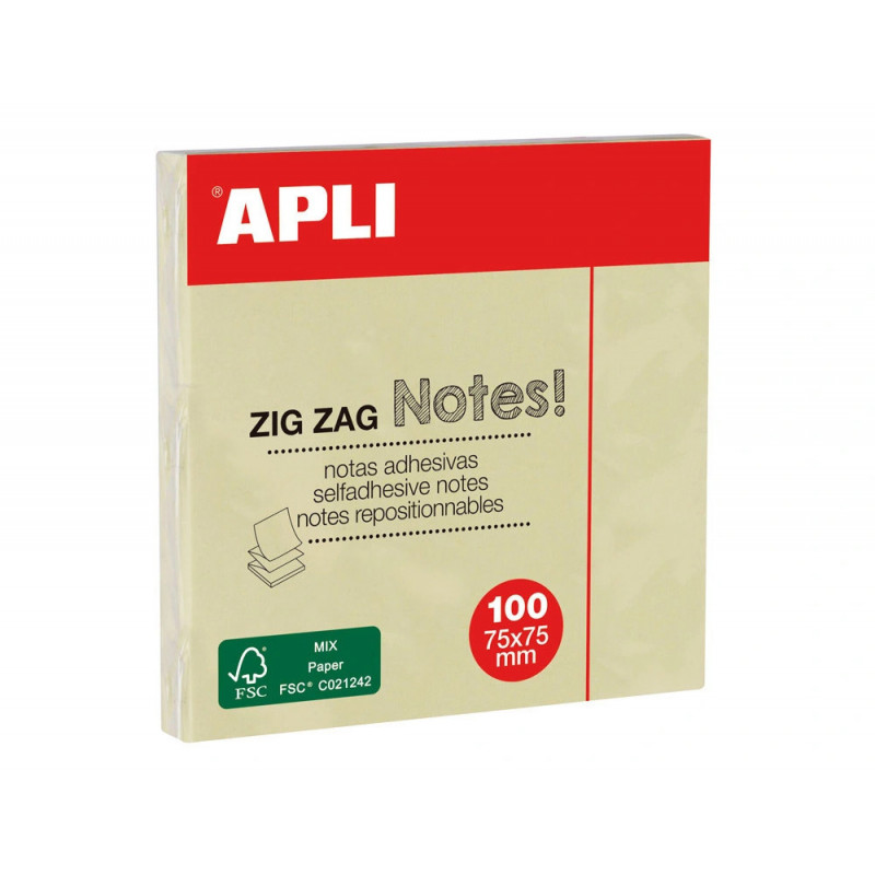 Bloc-notes apli adhésif zig-zag 75x75mm 100f repositionnables coloris jaune