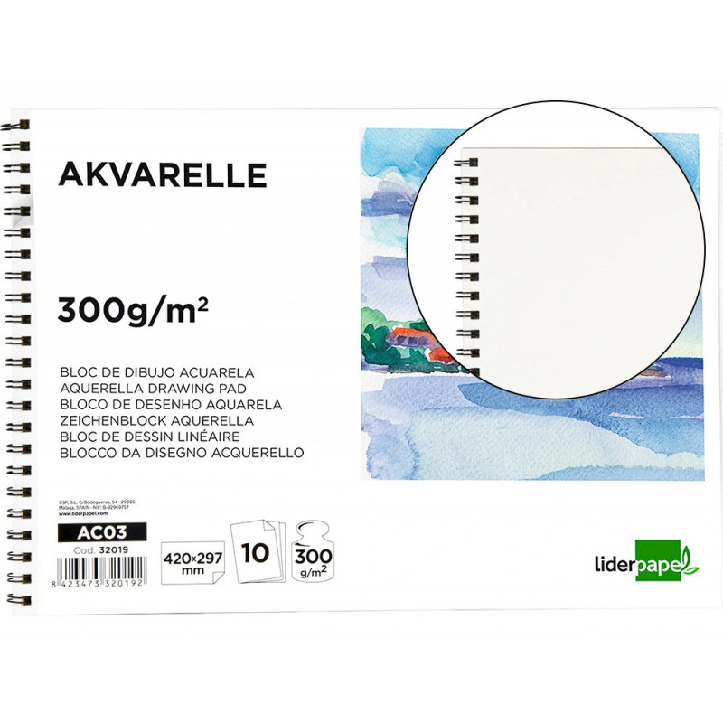 Bloc dessin liderpapel aquarelle spirale papier grain moyen lisse 300g/m2 format a3 420x297mm 10f