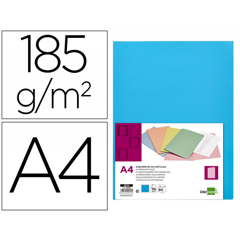 Chemise liderpapel papier cartonne 180g 310x230mm document a4 210x297mm coloris coloris bleu ciel