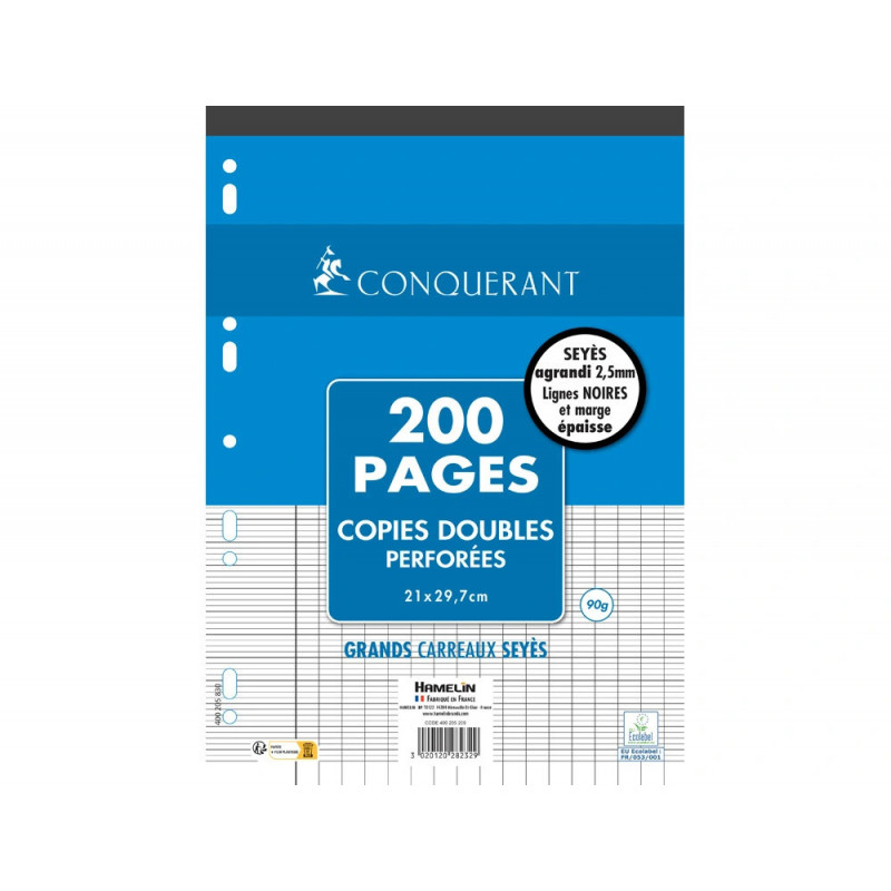 Copies doubles conquerant 7 deficients visuels perforees 210x297mm flowpack 200p 90g seyes 2,5mm
