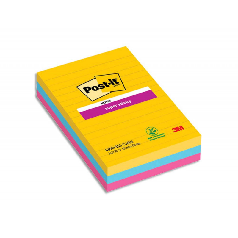 Bloc-notes post-it super sticky ligné 101x152mm 90f coloris rio assortis lot 3 blocs