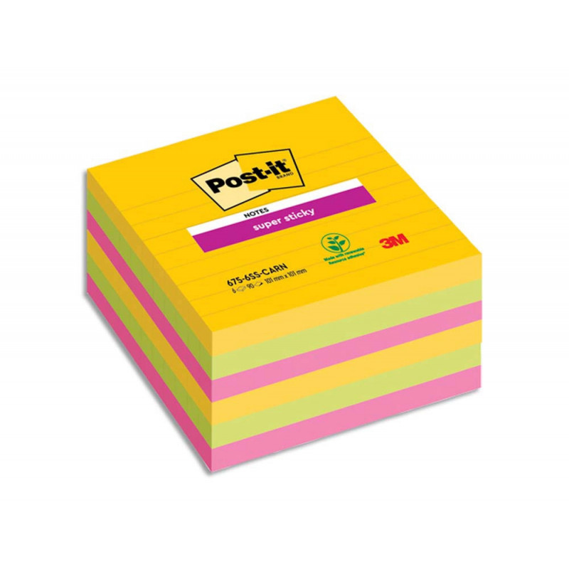 Bloc-note post-it super sticky couleurs rio 90f 101x101xx 90f coloris néon jaune bleu fuchsia lot 6 blocs