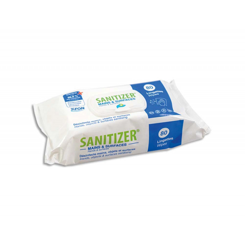 Lingettes desinfectantes sanitizer tifon pour mains et surfaces actif coronavirus format 17 x 20 cm 80 unites
