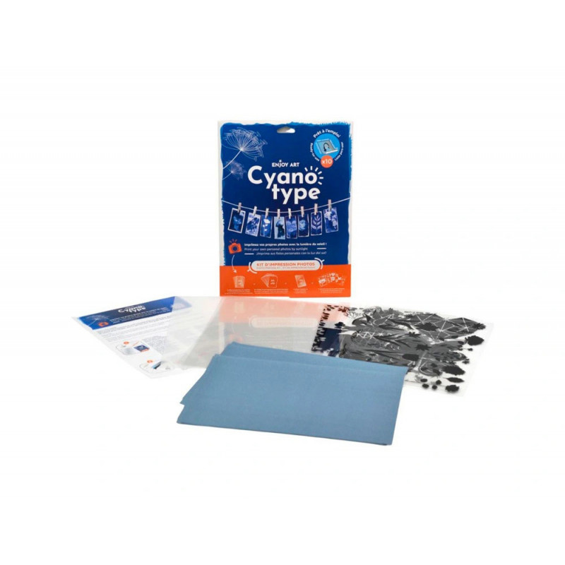 Kit cyanotype enjoy art impression photo 10 feuilles a4 pre-impregnees + 5 films impression + 1 plaque a4 + 64