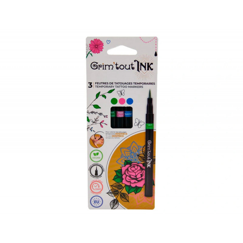 Feutre grim'tout ink tatouage temporaire pointe pinceau extra fine coloris complementaires assortis set