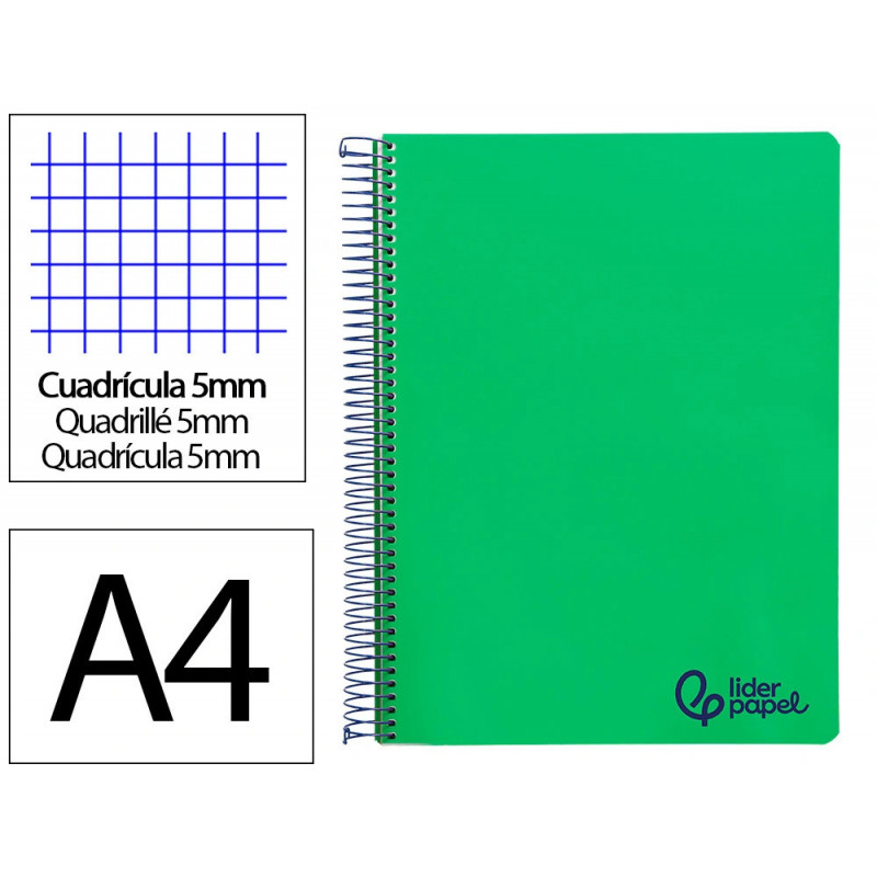 Cahier spirale liderpapel a4 micro wonder 240 pages 90g 5x5mm 4 trous 5 bandes couleurs vert
