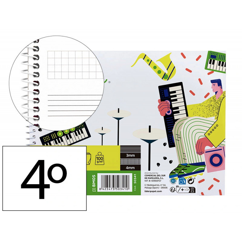 Bloc de musique liderpapel port es interlignes de 3mm avec grille de 4x4 mm pour anotations 20 feuilles