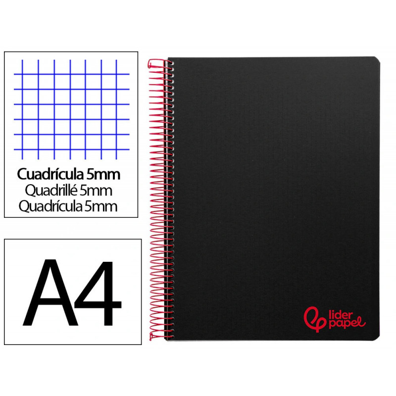 Cahier spirale liderpapel a4 micro wonder 240 pages 90g 5x5mm 4 trous 5 bandes couleurs noir