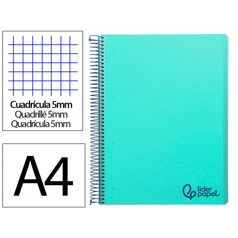 Cahier spirale liderpapel a4 micro wonder 240 pages 90g 5x5mm 4 trous 5 bandes couleurs vert