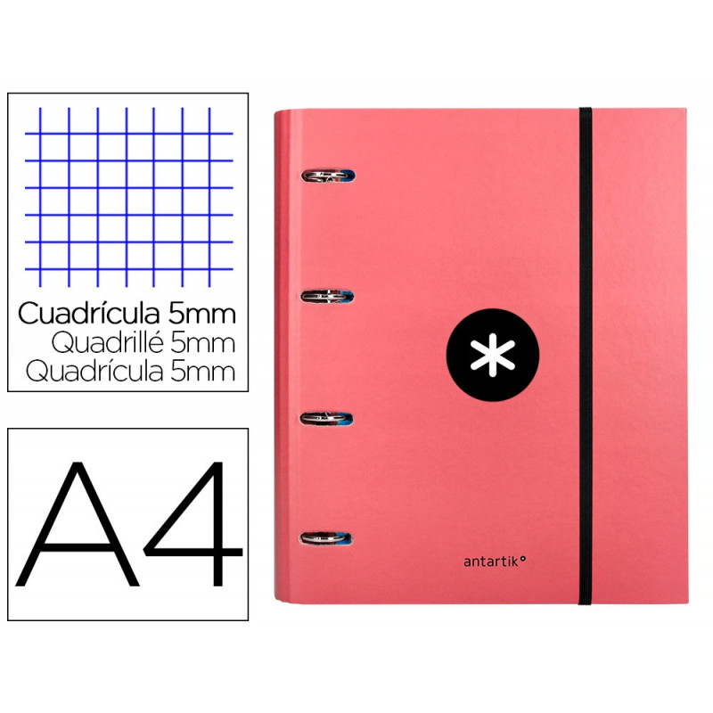 Classeur antartik 4 anneaux ronds 40mm a4 carton rembordé feuillets mobiles q5x5 coloriscorail