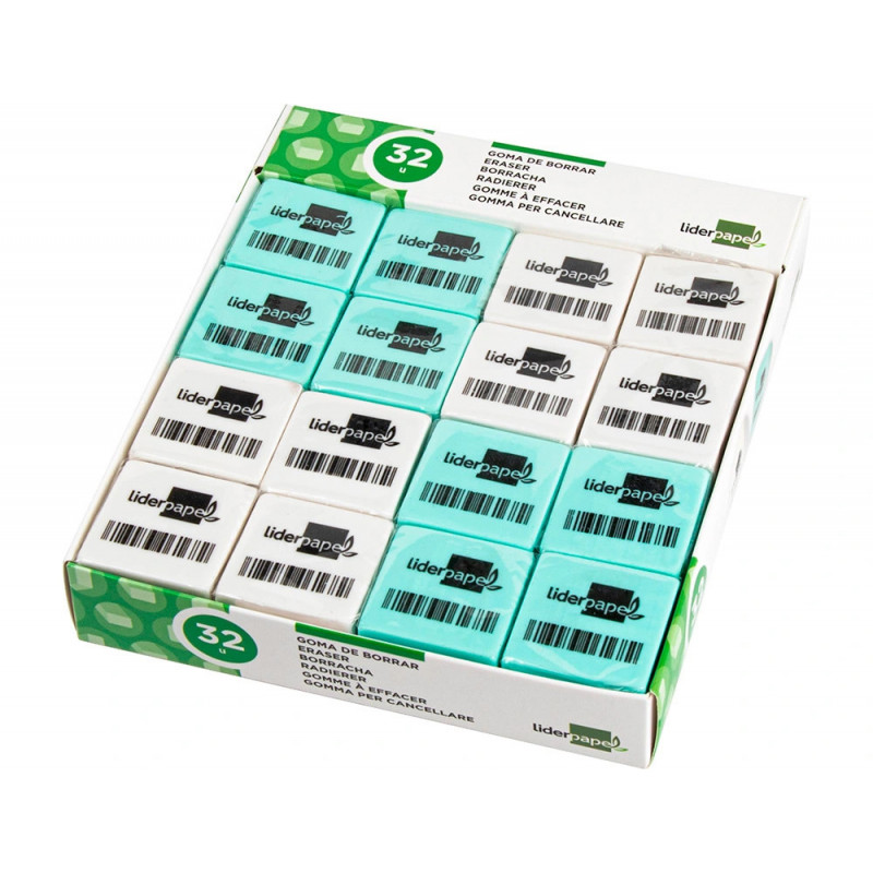 Gomme liderpapel 12x29x29mm carrée mie de pain caoutchouc efface crayons graphite coloris blanc ou bleu