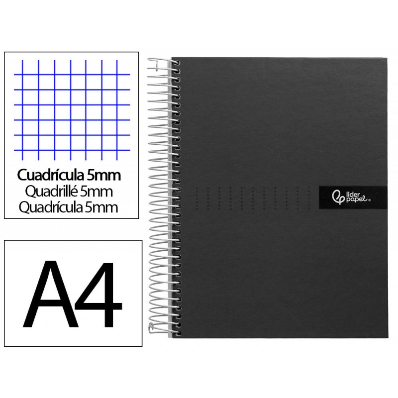 Cahier spirale liderpapel crafty couverture contrecollée a4 240p 90g/m2 5x5mm microperforé4 trous coloris noir