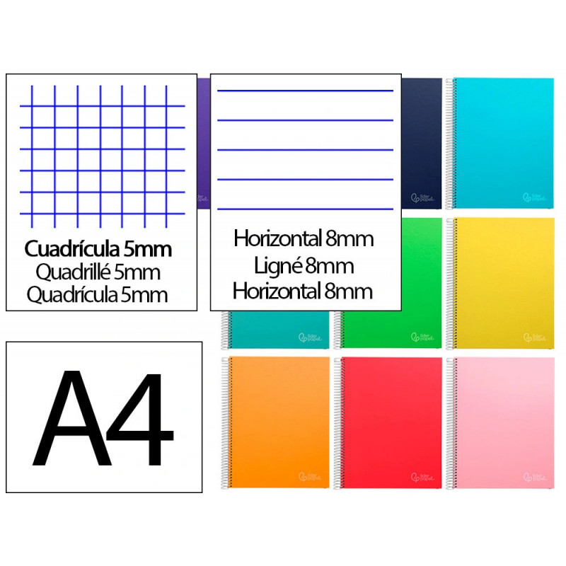 Cahier spirale liderpapel jolly couverture contrecollée a5 280p 75g/m2 5x5mm microperforé 6 trous coloris assortis