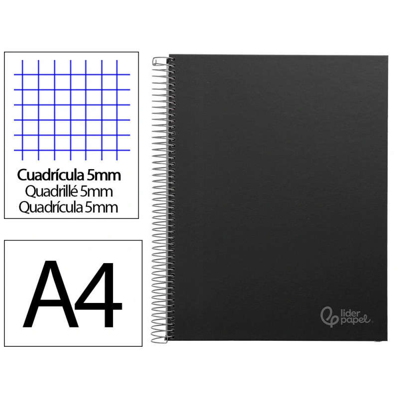 Cahier spirale liderpapel jolly couverture contrecollée a4 280p 75g/m2 5x5mm microperforé 4 trous coloris noir
