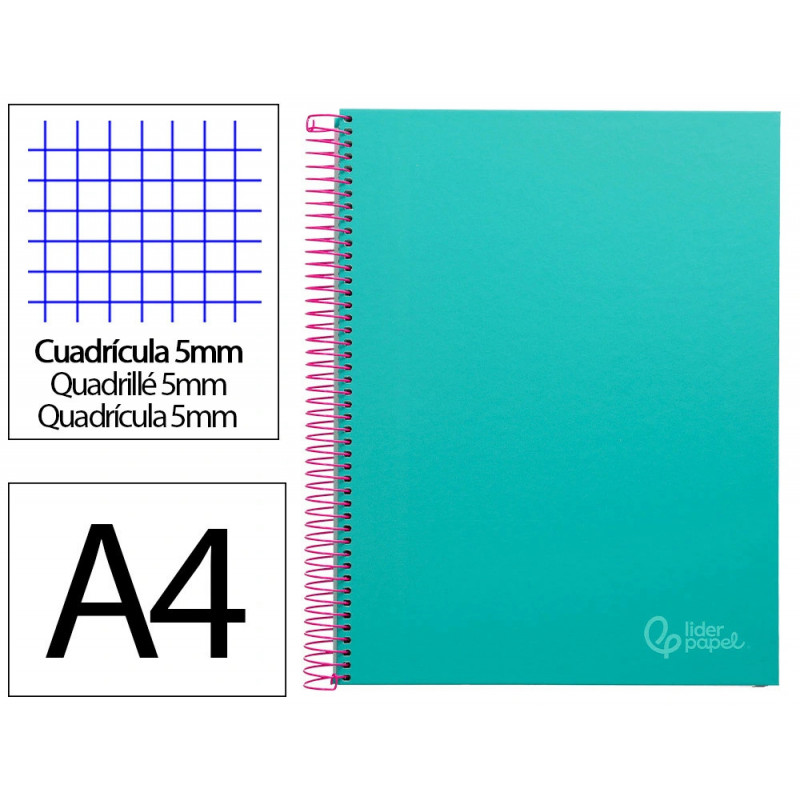 Cahier spirale liderpapel jolly couverture contrecollée a4 280p 75g/m2 5x5mm microperforé 4 trous coloris turquoise