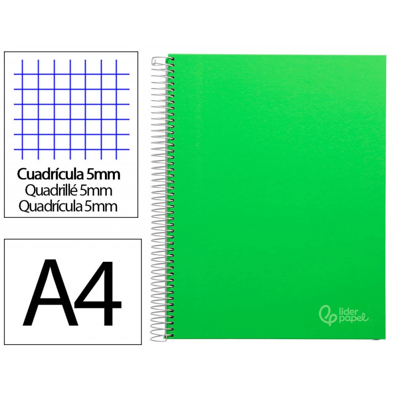 Cahier spirale liderpapel jolly couverture contrecollée a4 280p 75g/m2 5x5mm microperforé 4 trous coloris vert