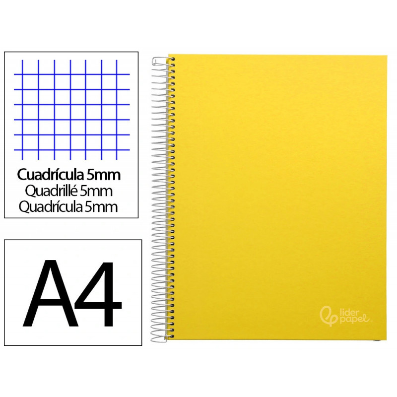 Cahier spirale liderpape jollycouverture contrecollée a4 280p 75g/m2 5x5mm microperforé 4 trous coloris jaune