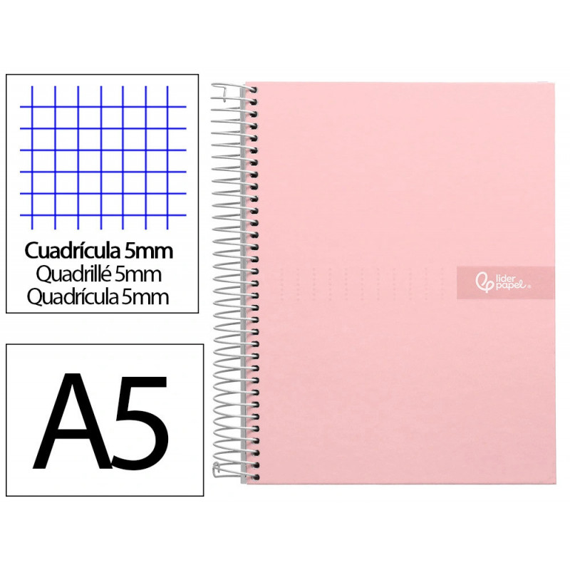 Cahier spirale liderpapel crafty couverture contrecollée a5 240p 90g/m2 5x5mm microperforé 6 trous coloris rose