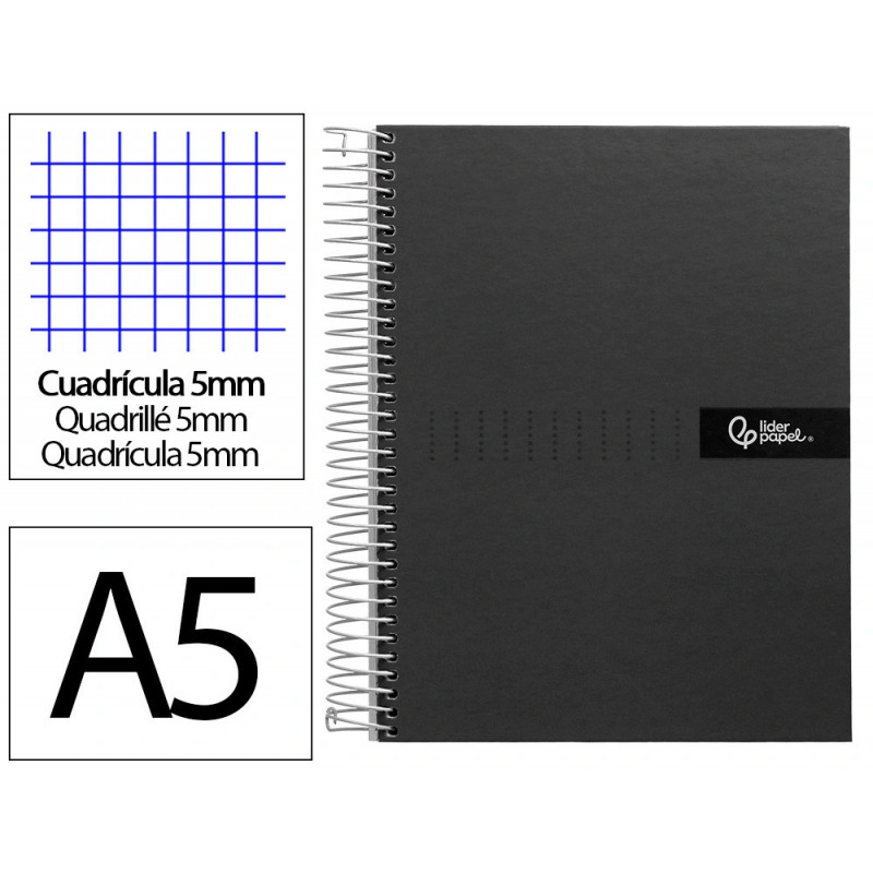 Cahier spirale liderpapel crafty couverture contrecollée a5 240p 90g/m2 5x5mm microperforé 6 trous coloris noir