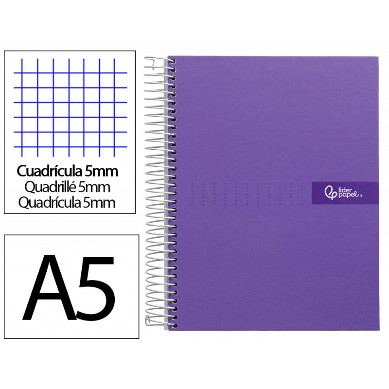 Cahier spirale liderpapel crafty couverture contrecollée a5 240p 90g/m2 5x5mm microperforé 6 trous coloris violet