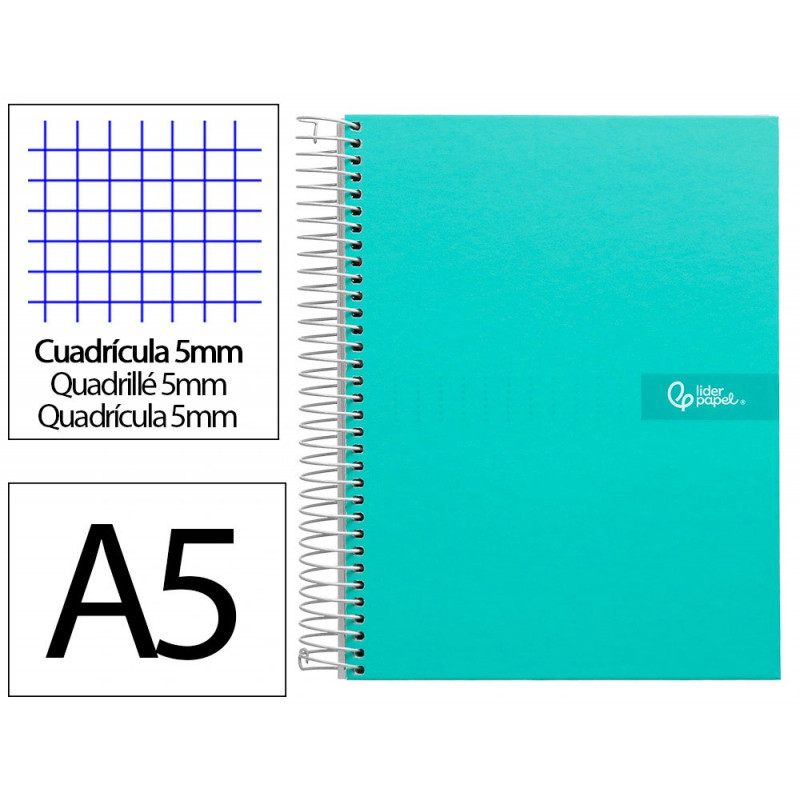 Cahier spirale liderpapel crafty couverture contrecollée a5 240p 90g/m2 5x5mm microperforé 6 trous coloris turquoise